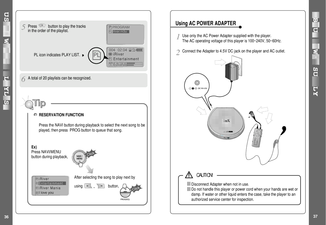 IRiver SlimX 450, iMP-350 user manual Using AC Power Adapter, Reservation Function, Disconnect Adapter when not in use 