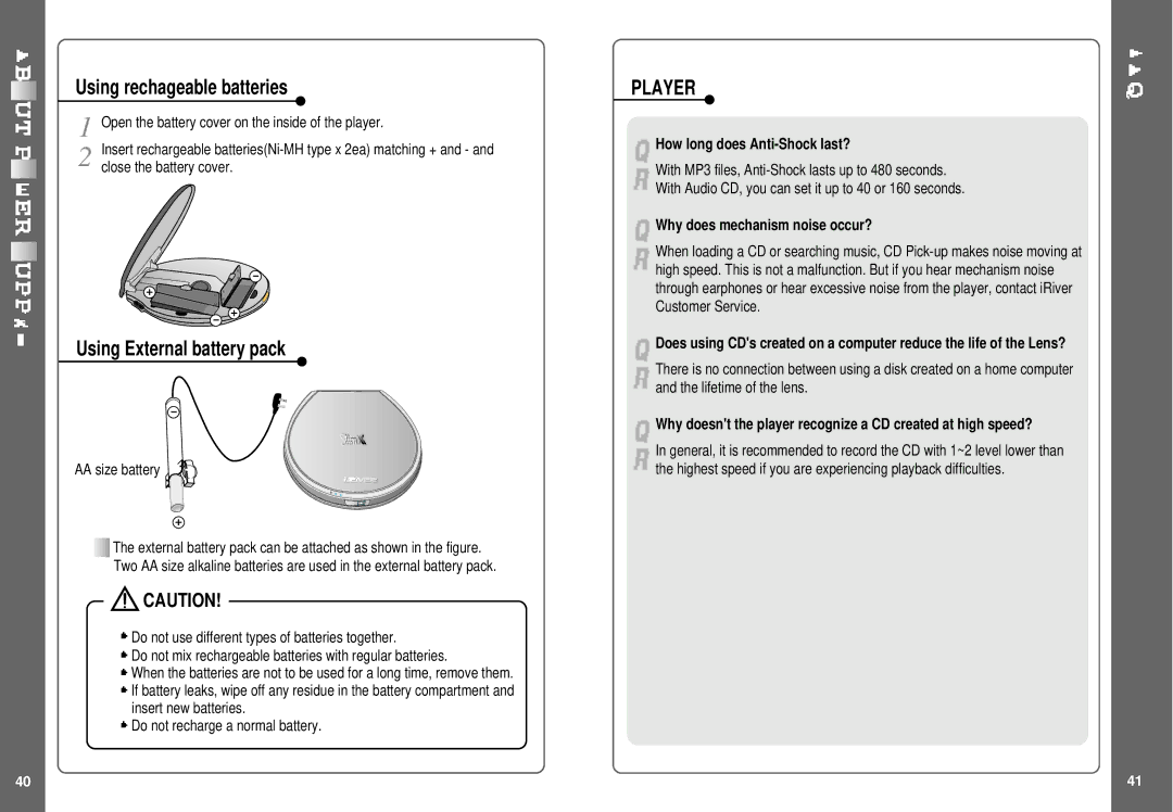 IRiver SlimX 450, iMP-350 user manual Using rechageable batteries, Using External battery pack, Player 