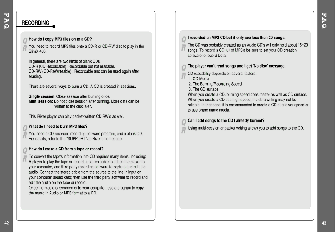 IRiver iMP-350, SlimX 450 user manual Recording 