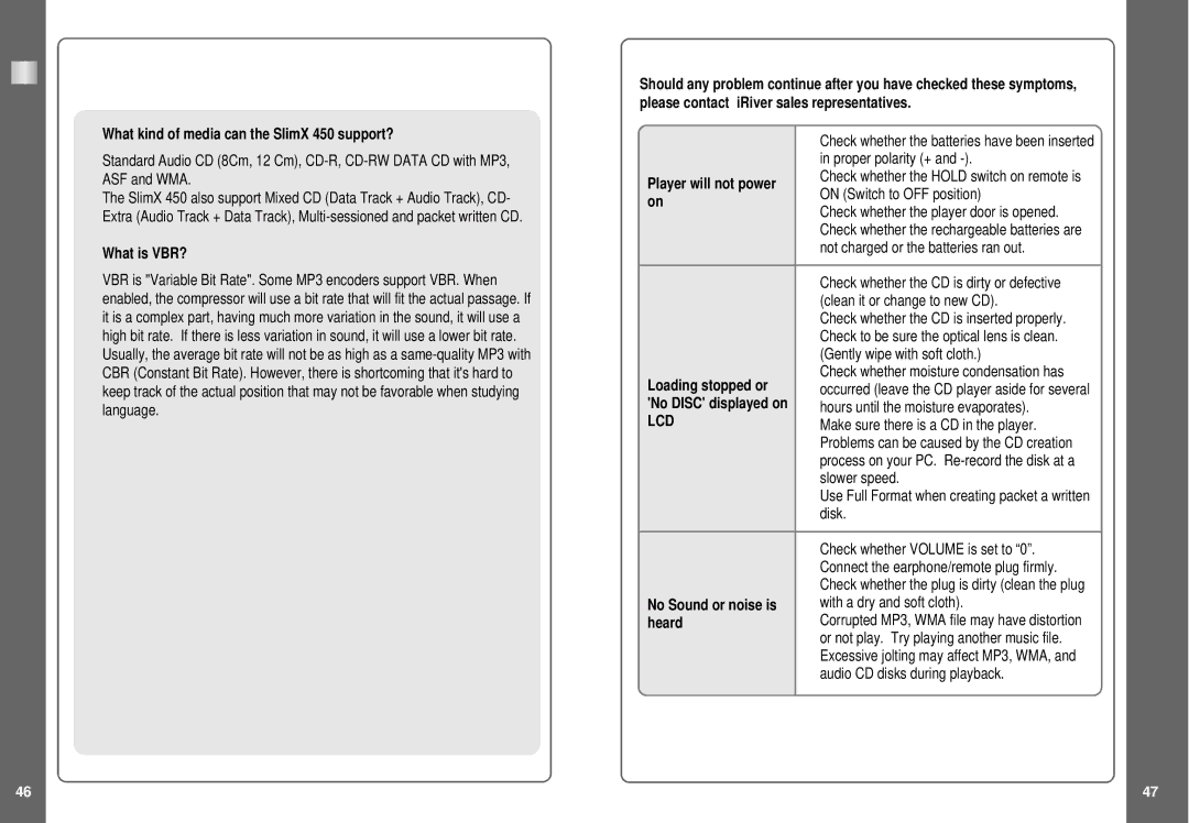 IRiver iMP-350 user manual What kind of media can the SlimX 450 support?, What is VBR?, Lcd, Heard 