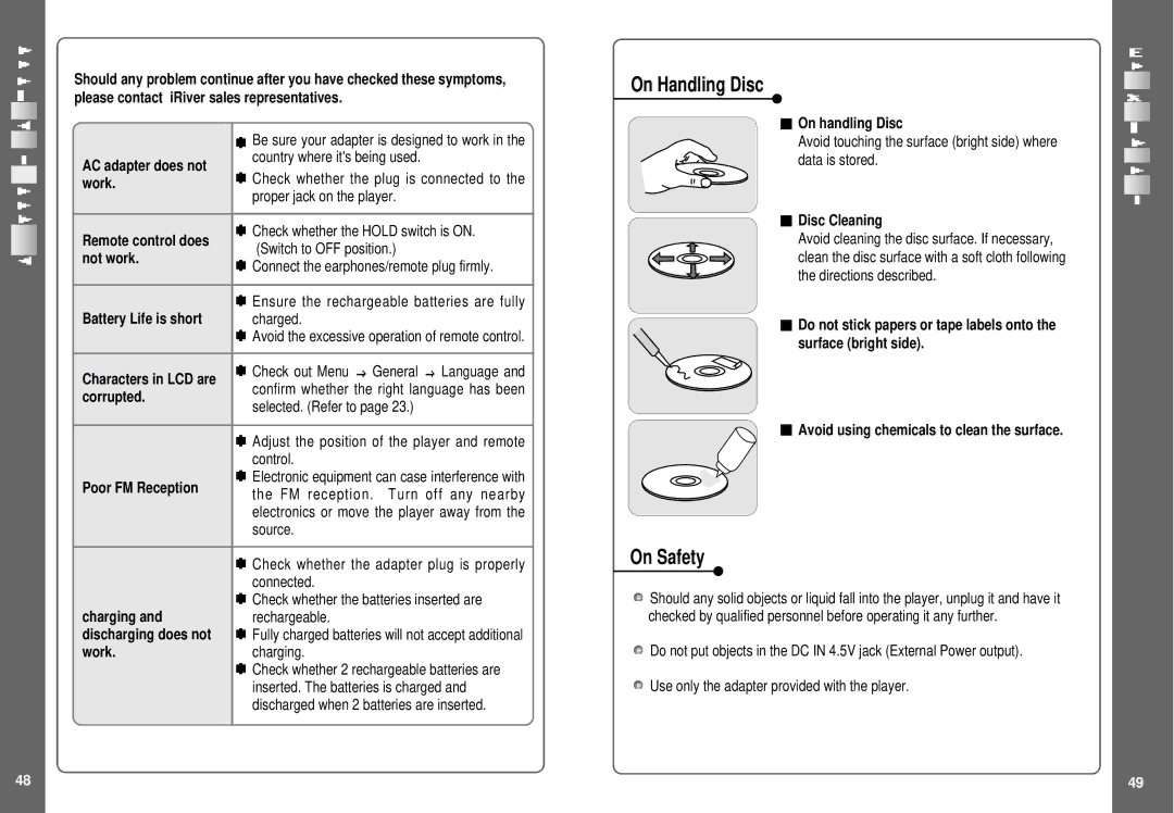 IRiver SlimX 450, iMP-350 user manual On Handling Disc, On Safety 