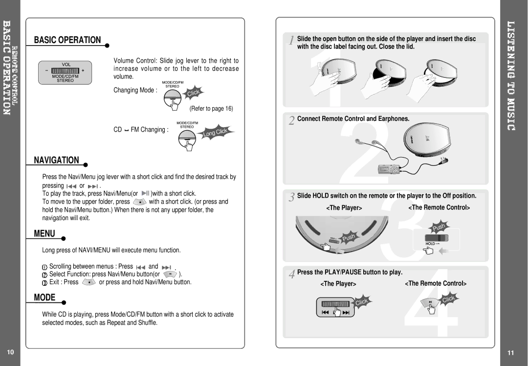 IRiver iMP-350, SlimX 450 user manual Basic Operation, Navigation, Menu, Mode, Press the PLAY/PAUSE button to play 