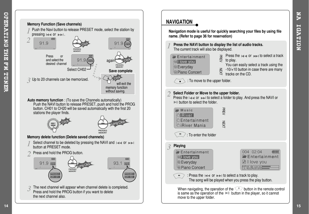 IRiver iMP-350 Memory Function Save channels, Press the Navi button to display the list of audio tracks, Playing 