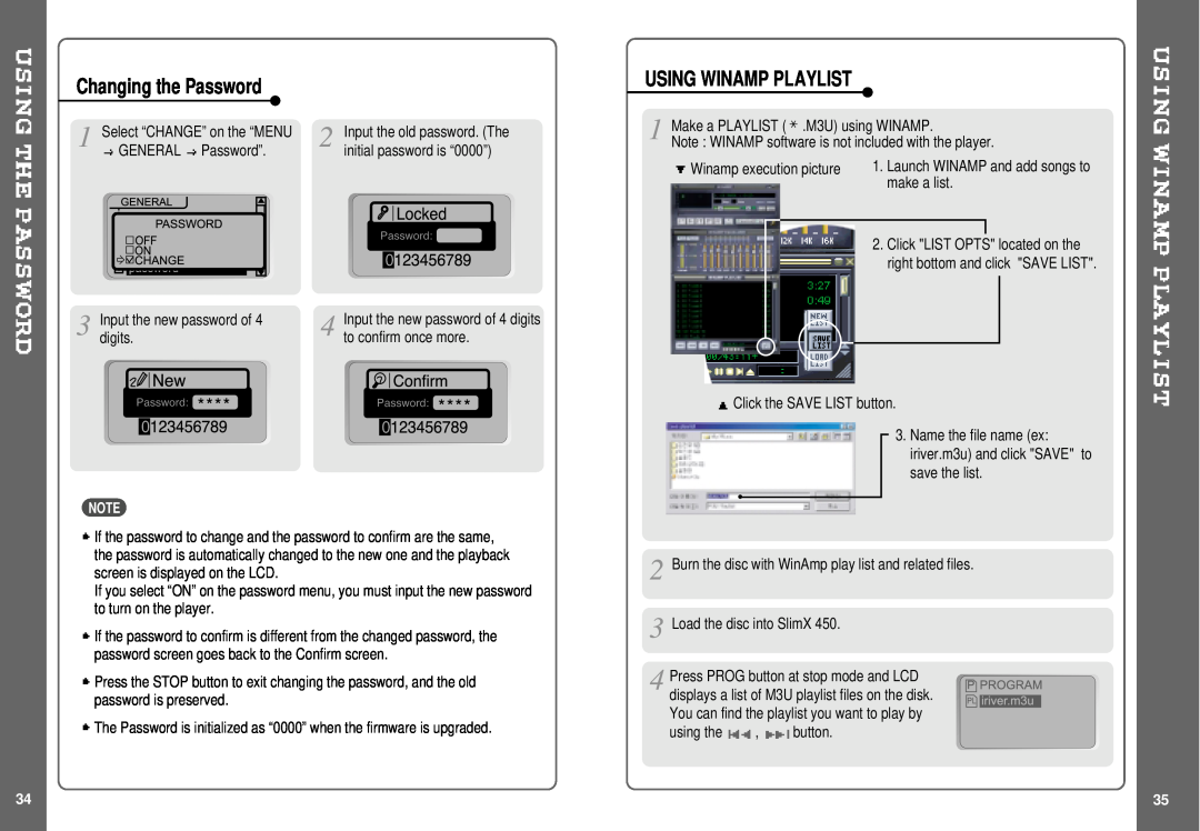 IRiver iMP-350, SlimX 450 user manual Changing the Password, Using Winamp Playlist 