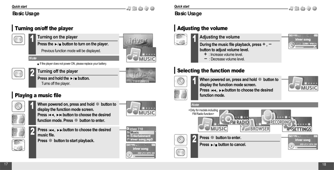 IRiver T10 Turning on/off the player, Playing a music file, Adjusting the volume, Selecting the function mode 