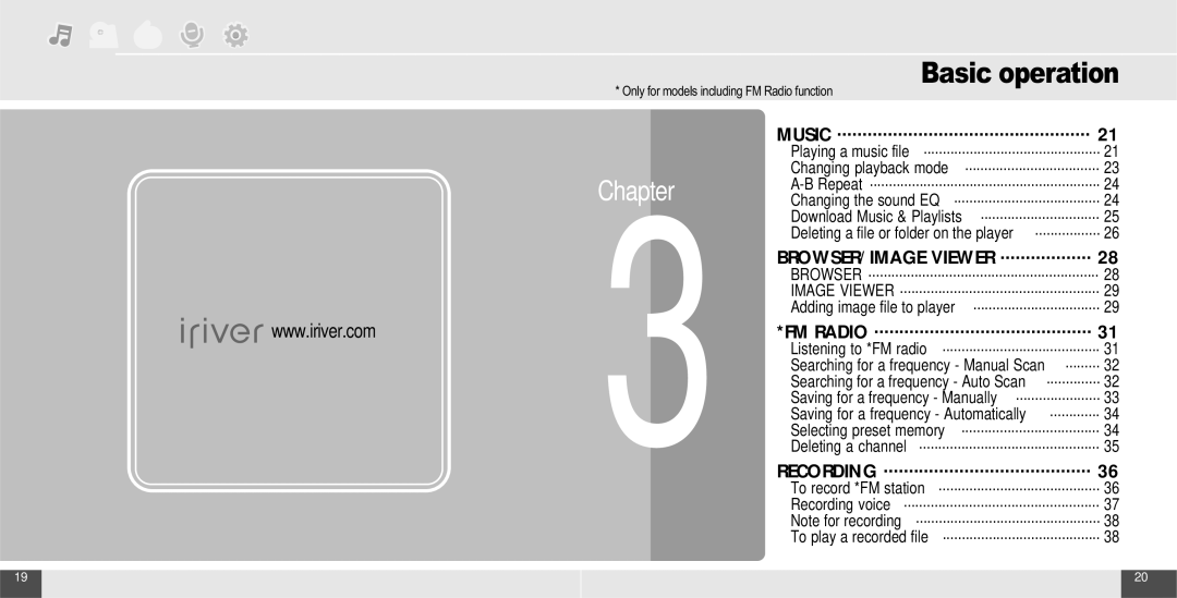 IRiver T10 instruction manual Basic operation, Music, BROWSER/IMAGE Viewer, FM Radio, Recording 