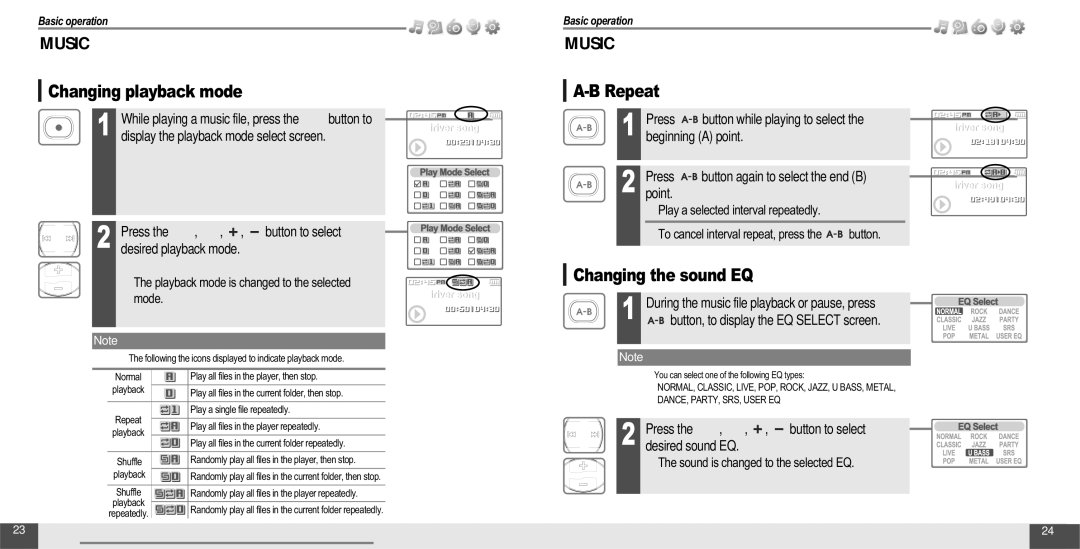 IRiver T10 Changing playback mode, Repeat, Changing the sound EQ, Button to select Desired sound EQ, Press 