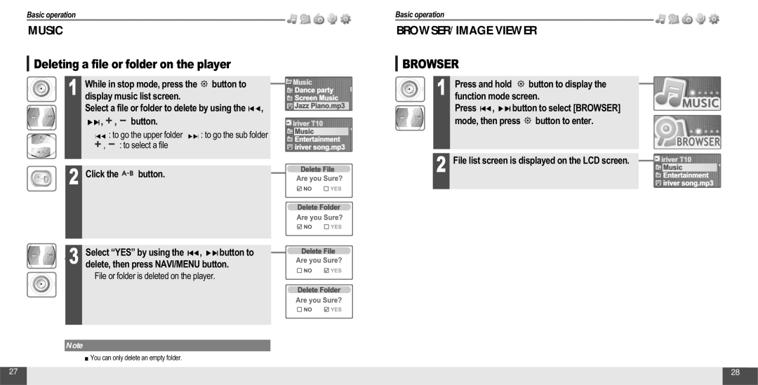 IRiver T10 instruction manual Deleting a file or folder on the player 