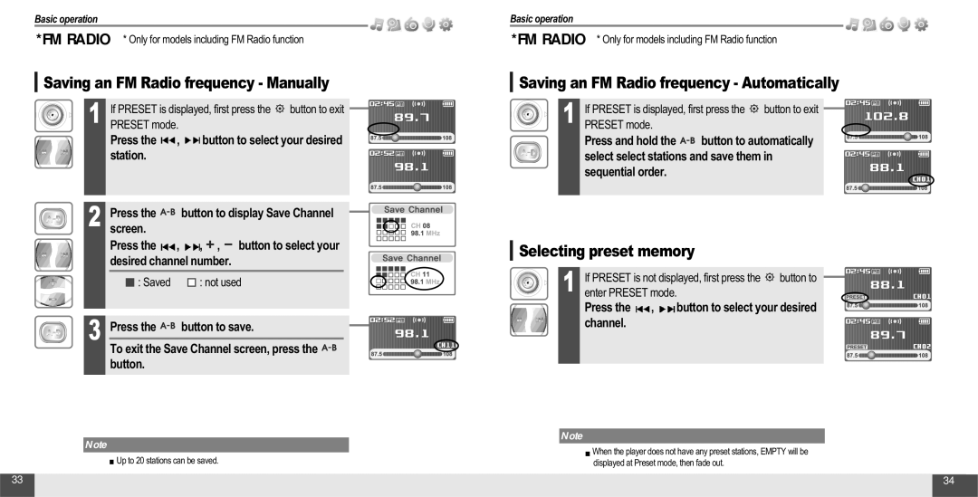 IRiver T10 Saving an FM Radio frequency Automatically, Selecting preset memory, Saving an FM Radio frequency Manually 