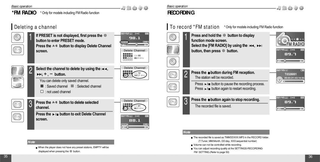 IRiver T10 instruction manual Deleting a channel, Button to enter Preset mode, Screen, Button during FM reception 