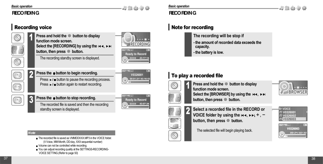 IRiver T10 instruction manual Recording voice, To play a recorded file, Recording will be stop if, Button to stop recording 