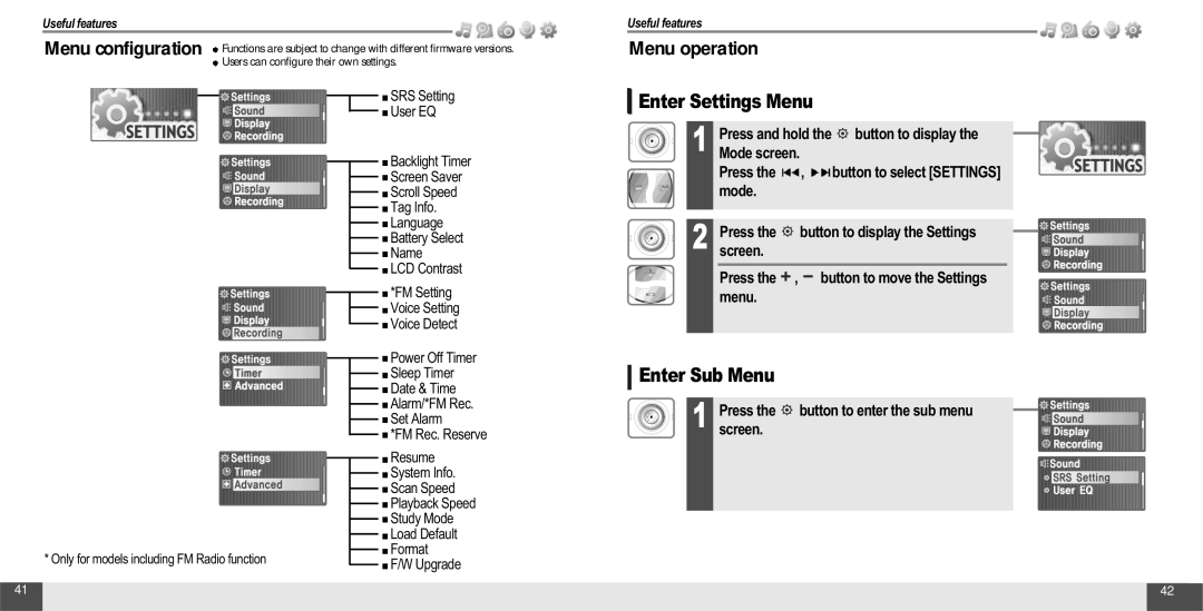 IRiver T10 instruction manual Enter Settings Menu, Enter Sub Menu, Mode screen 