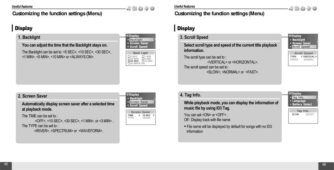 IRiver T10 instruction manual Display, Backlight, Screen Saver, Scroll Speed, Tag Info 