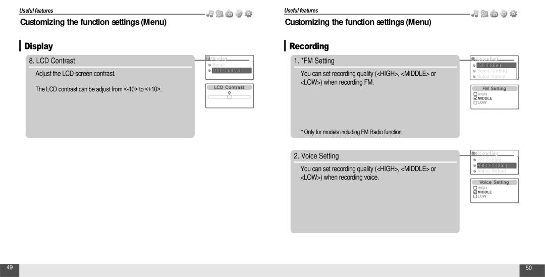 IRiver T10 instruction manual Recording, LCD Contrast, FM Setting, Voice Setting, Adjust the LCD screen contrast 
