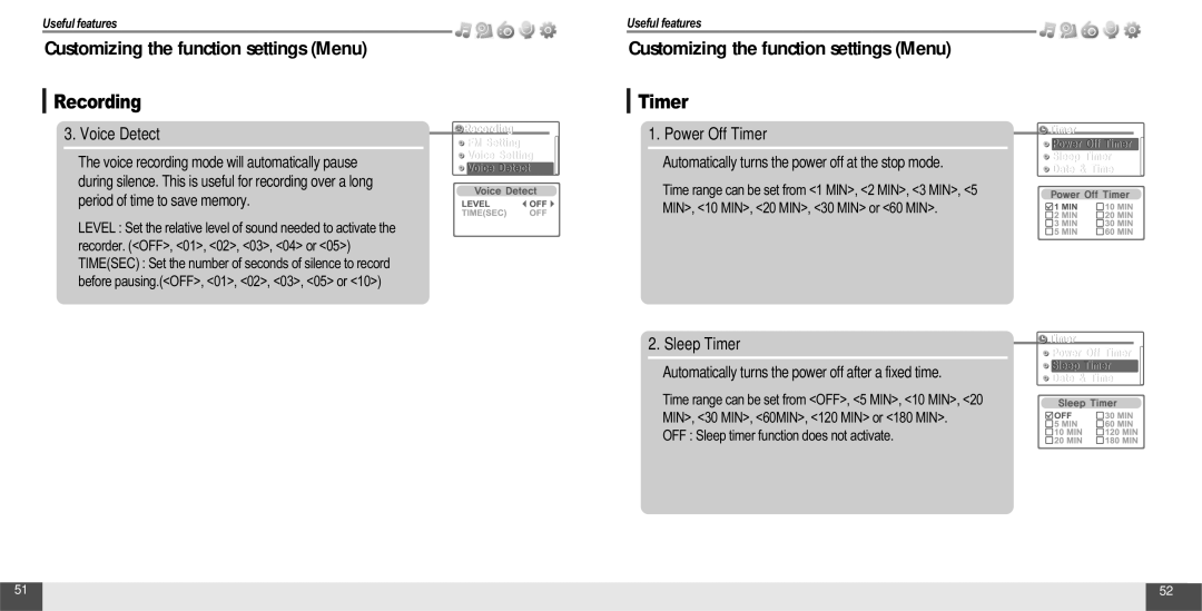 IRiver T10 instruction manual Voice Detect, Power Off Timer, Sleep Timer 
