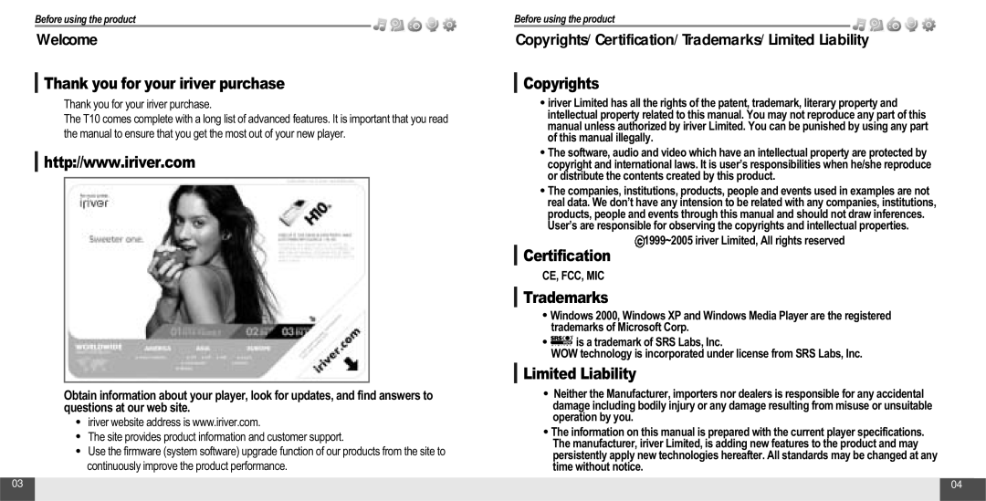 IRiver T10 instruction manual Thank you for your iriver purchase, Copyrights, Certification, Trademarks, Limited Liability 