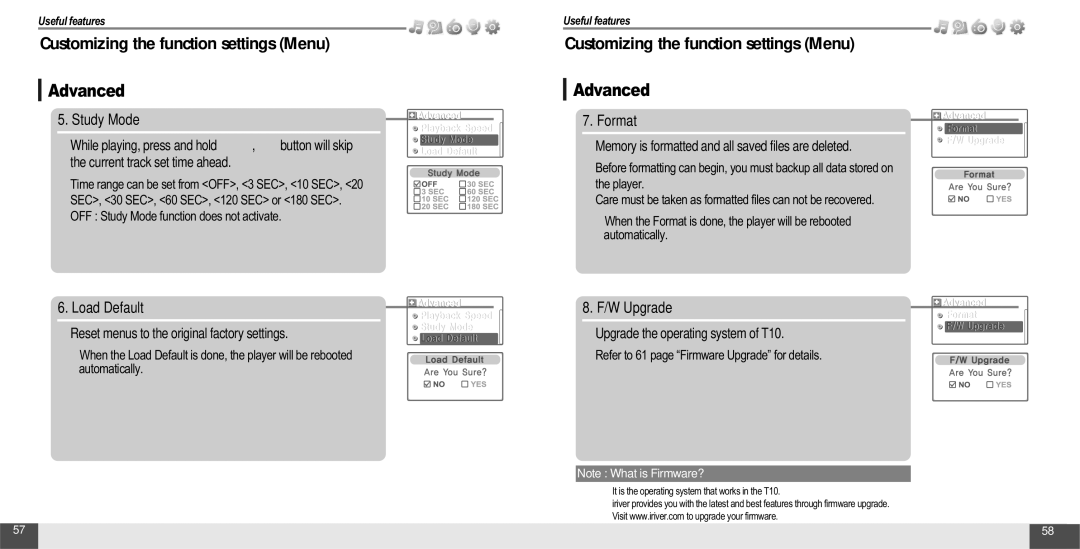 IRiver T10 instruction manual Study Mode, Load Default, Memory is formatted and all saved files are deleted 