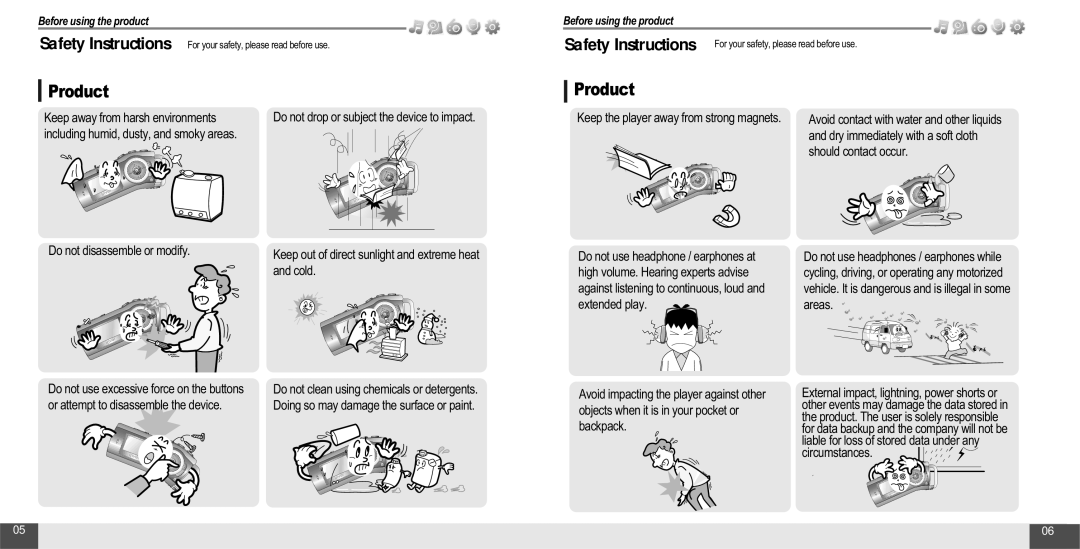 IRiver T10 Safety Instructions, Product, Keep away from harsh environments, Do not disassemble or modify, Cold 