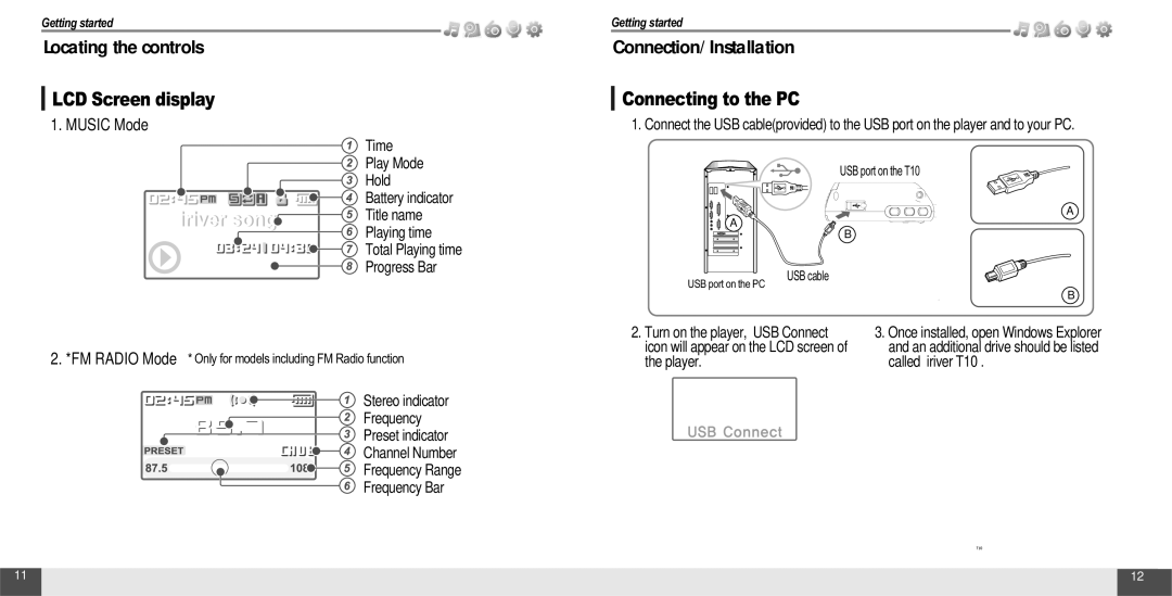 IRiver T10 Locating the controls, LCD Screen display, Connection/Installation, Connecting to the PC, Music Mode 