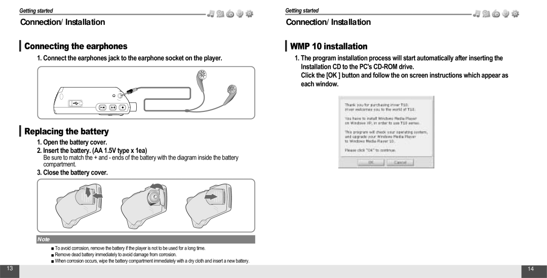 IRiver T10 instruction manual Connecting the earphones, Replacing the battery, WMP 10 installation, Close the battery cover 