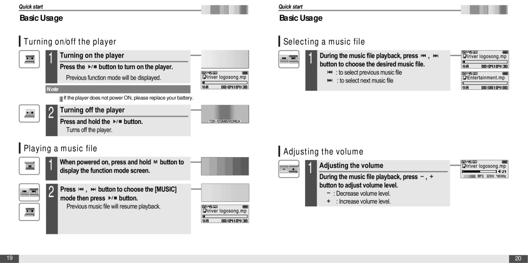 IRiver T20 instruction manual Turning on/off the player, Playing a music file, Selecting a music file, Adjusting the volume 