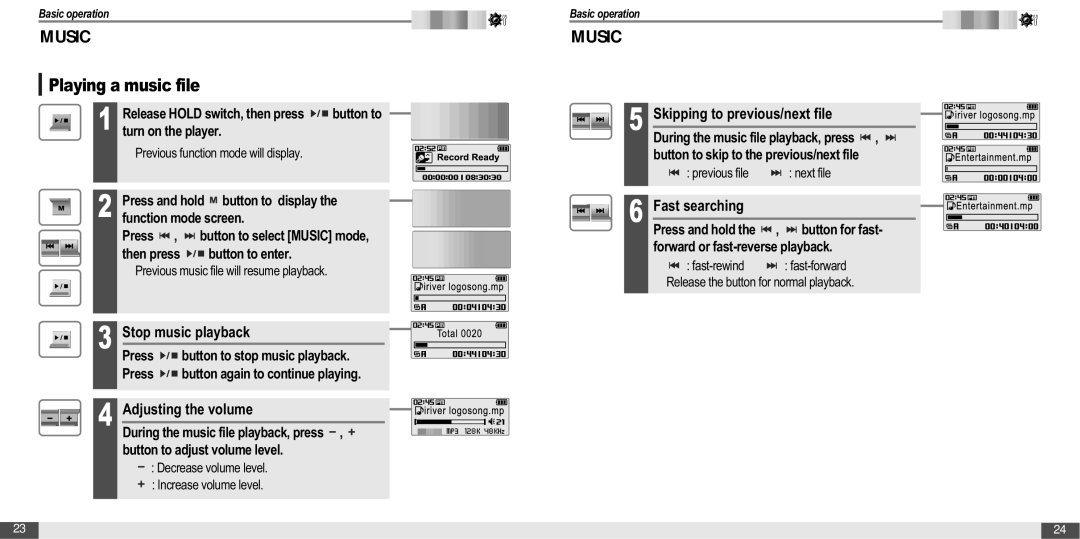 IRiver T20 instruction manual Stop music playback, Skipping to previous/next file, Fast searching 