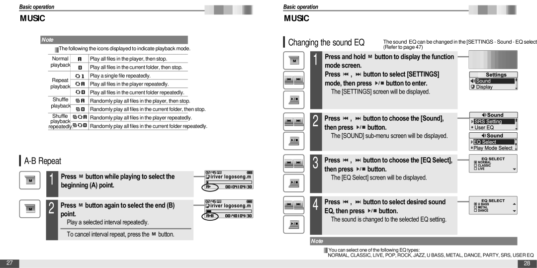 IRiver T20 instruction manual Repeat, Beginning a point, Changing the sound EQ 