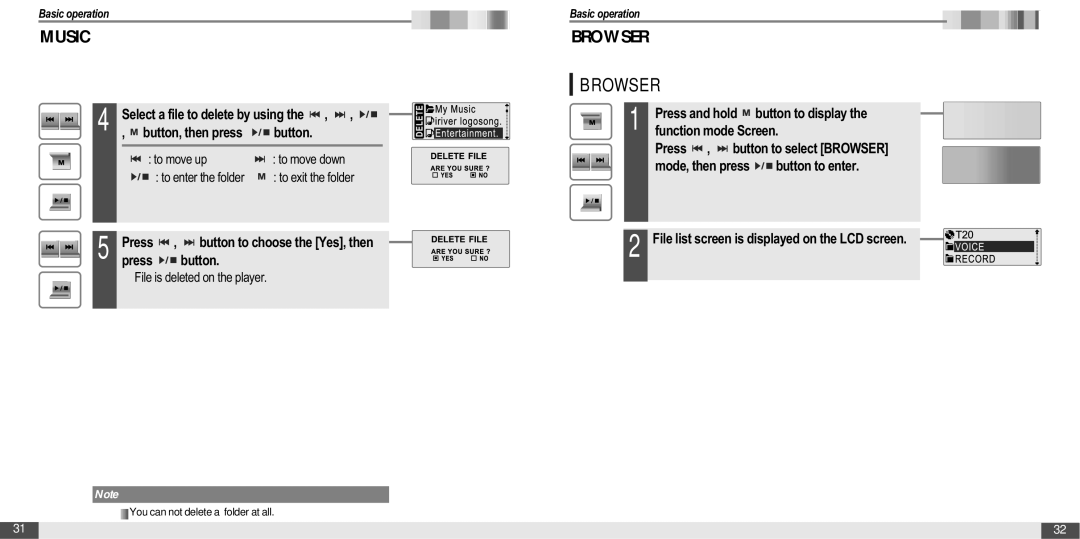 IRiver T20 Button, then press, Button to display, Press , button to select Browser, File is deleted on the player 