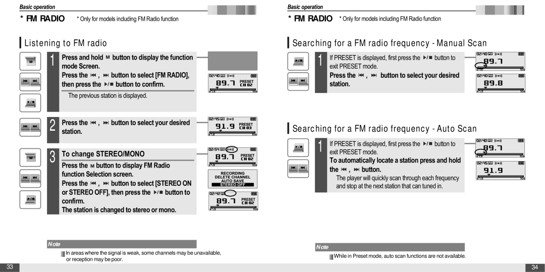 IRiver T20 instruction manual Listening to FM radio, Searching for a FM radio frequency Manual Scan 