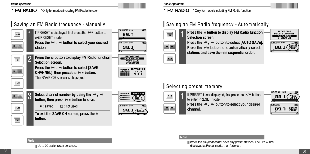 IRiver T20 Saving an FM Radio frequency Manually, Saving an FM Radio frequency Automatically, Selecting preset memory 