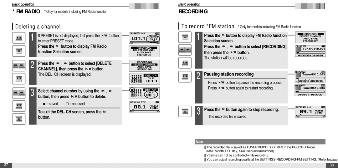 IRiver T20 Deleting a channel, Pausing station recording, Button to delete, To exit the DEL. CH screen, press the button 