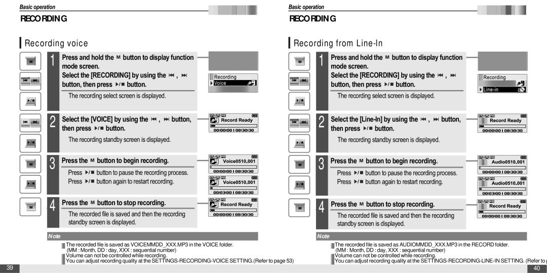 IRiver T20 instruction manual Recording voice, Recording from Line-In, Then press Button, Button to begin recording 