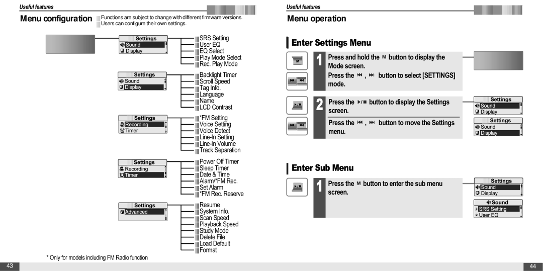 IRiver T20 Enter Settings Menu, Enter Sub Menu, Mode Press, Screen Press the , button to move the Settings menu 