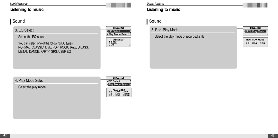 IRiver T20 instruction manual EQ Select, Play Mode Select, Select the EQ sound, Select the play mode of recorded a file 