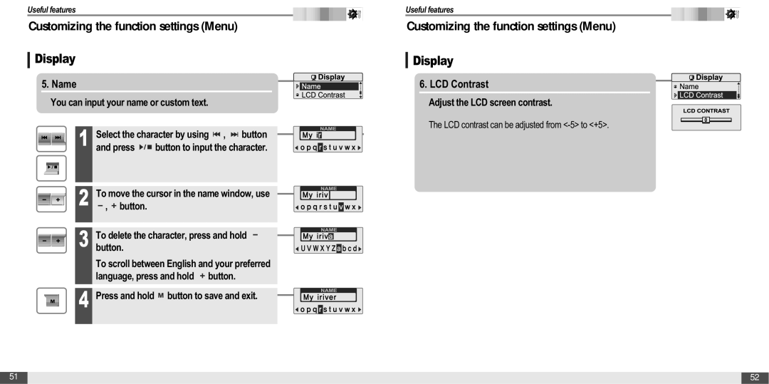 IRiver T20 Name, LCD Contrast, You can input your name or custom text, Button Press, Adjust the LCD screen contrast 