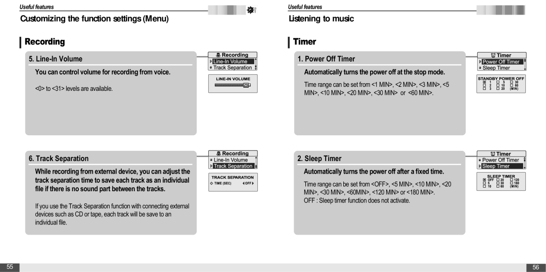 IRiver T20 instruction manual Line-In Volume, Track Separation, Power Off Timer, Sleep Timer 