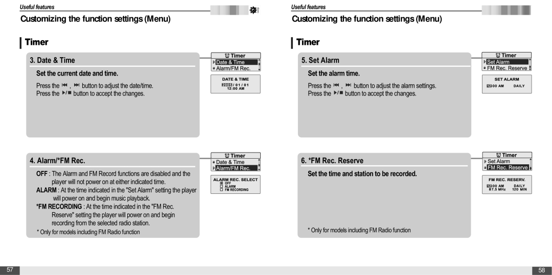 IRiver T20 instruction manual Date & Time, Alarm/*FM Rec, Set Alarm, FM Rec. Reserve 