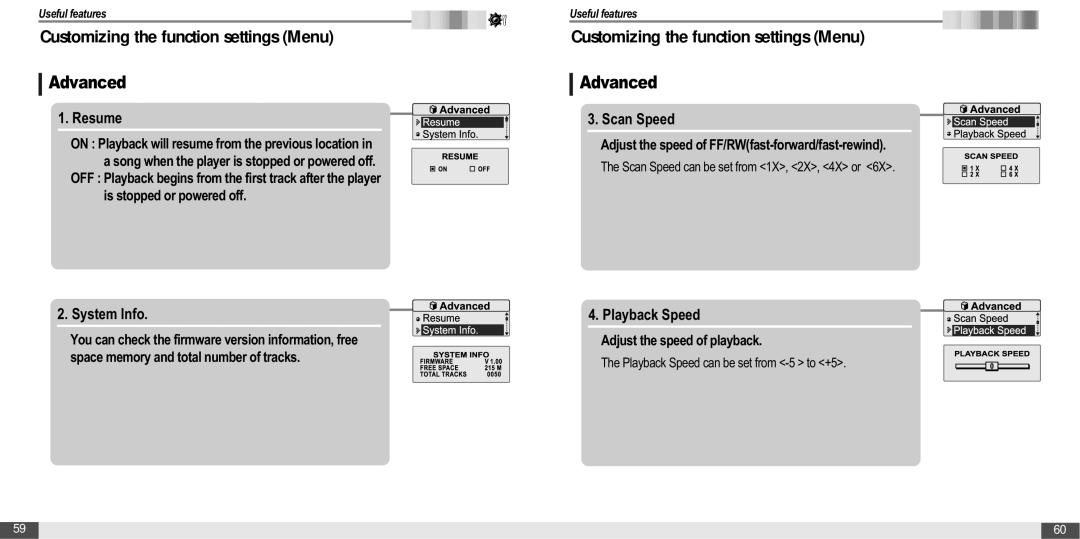 IRiver T20 instruction manual Advanced, Resume, System Info, Scan Speed, Playback Speed 