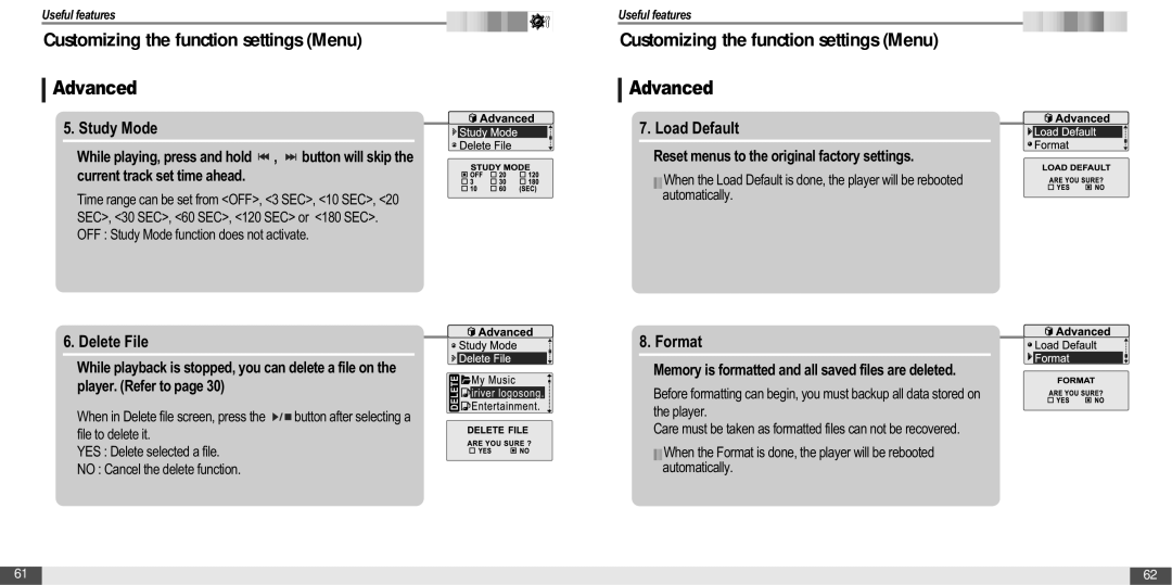 IRiver T20 instruction manual Study Mode, Delete File, Load Default, Format 
