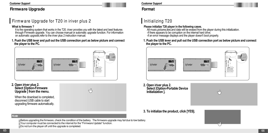 IRiver instruction manual Firmware Upgrade for T20 in iriver plus, Initializing T20 