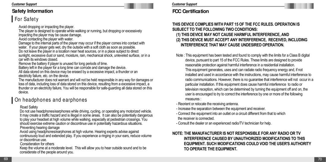IRiver T20 instruction manual For Safety, On headphones and earphones, Avoid dropping or impacting the player, Road Safety 