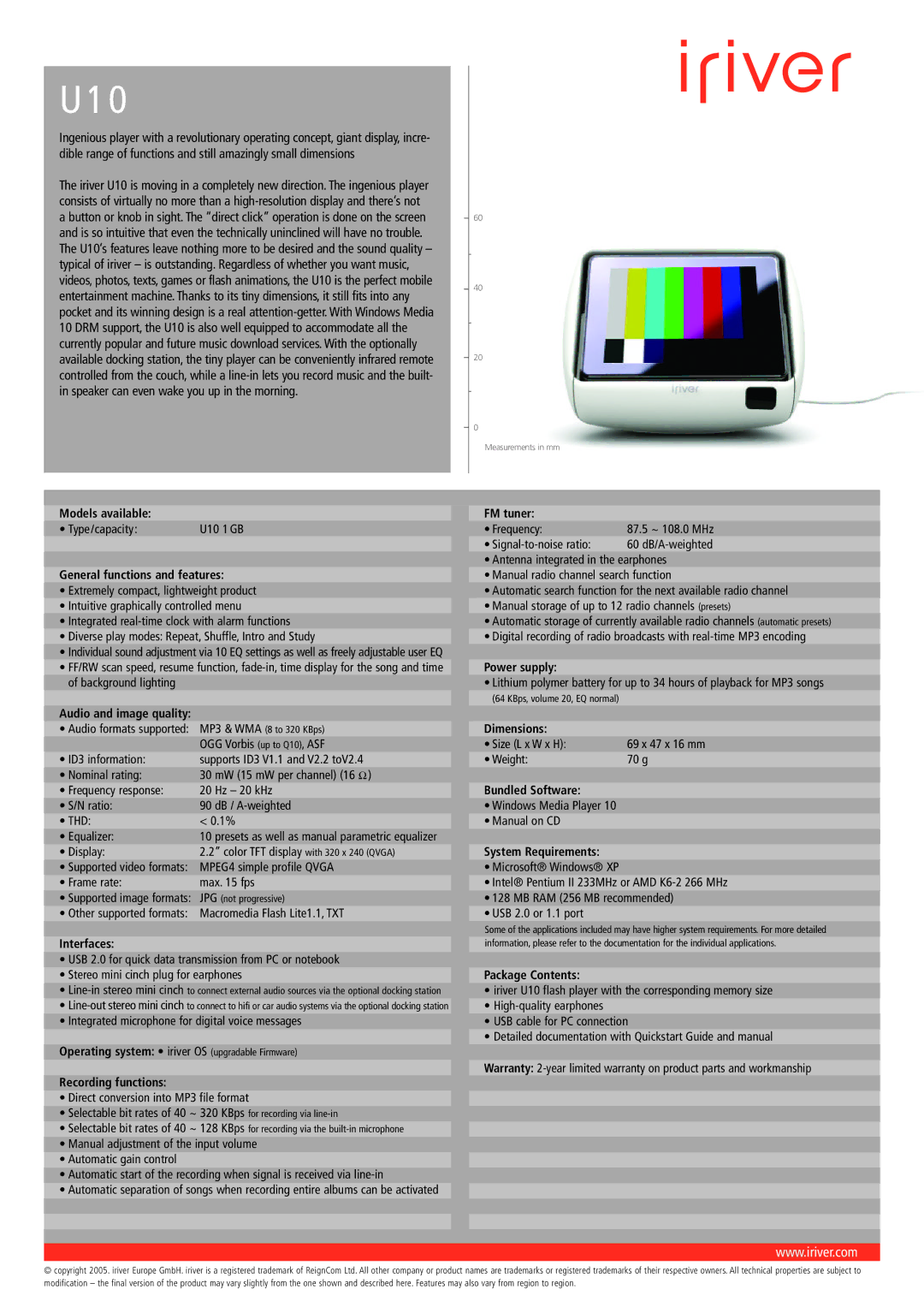 IRiver U10 manual Models available FM tuner, General functions and features, Power supply, Dimensions, Bundled Software 