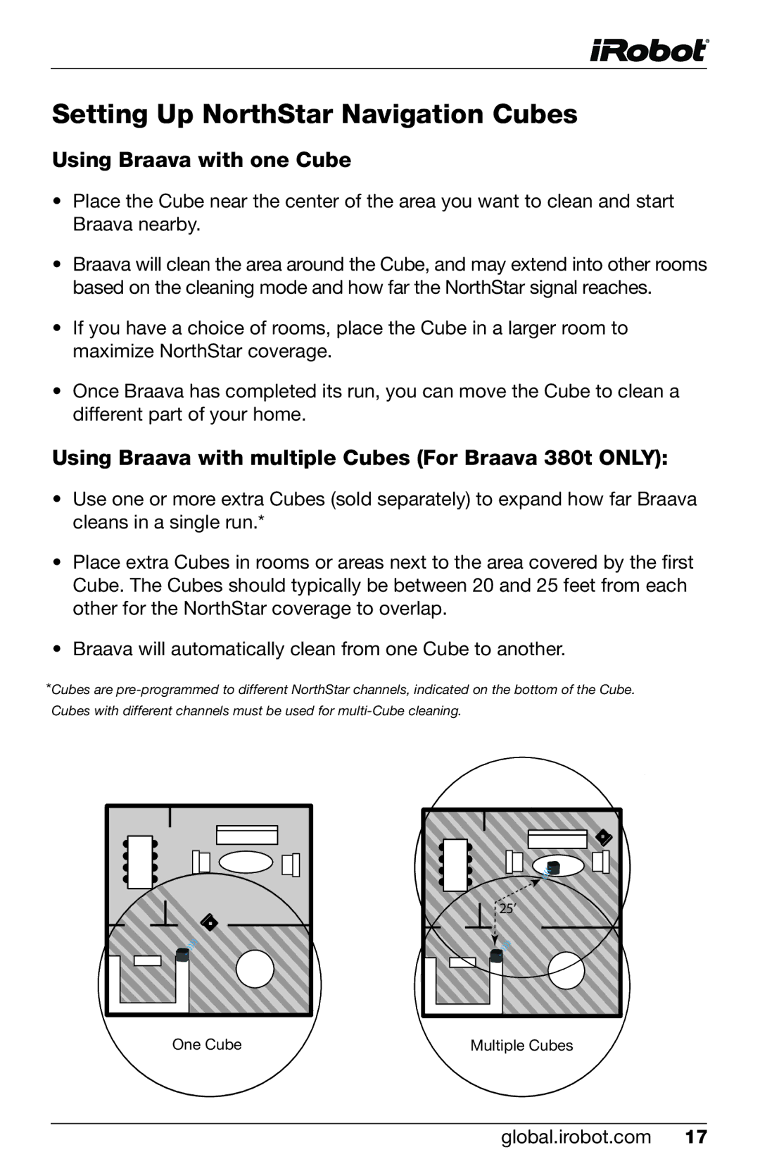 iRobot 320 owner manual Using Braava with one Cube, Using Braava with multiple Cubes For Braava 380t only 