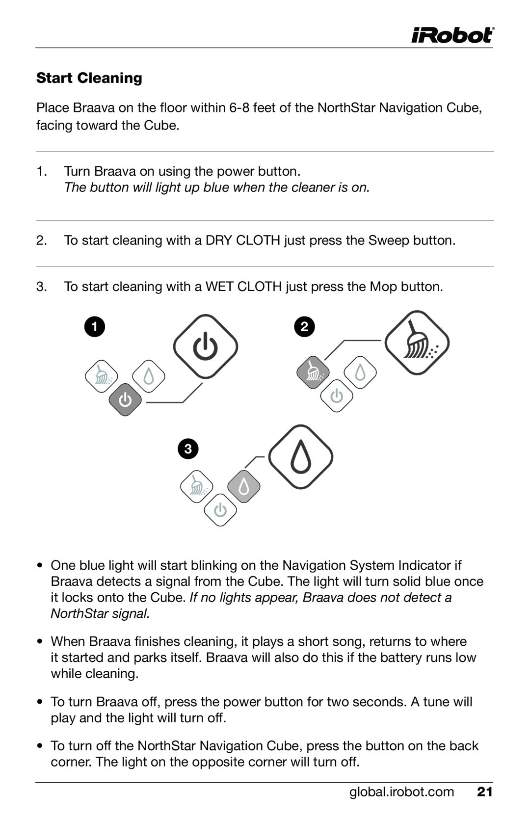 iRobot 380t, 320 owner manual Start Cleaning, Button will light up blue when the cleaner is on 