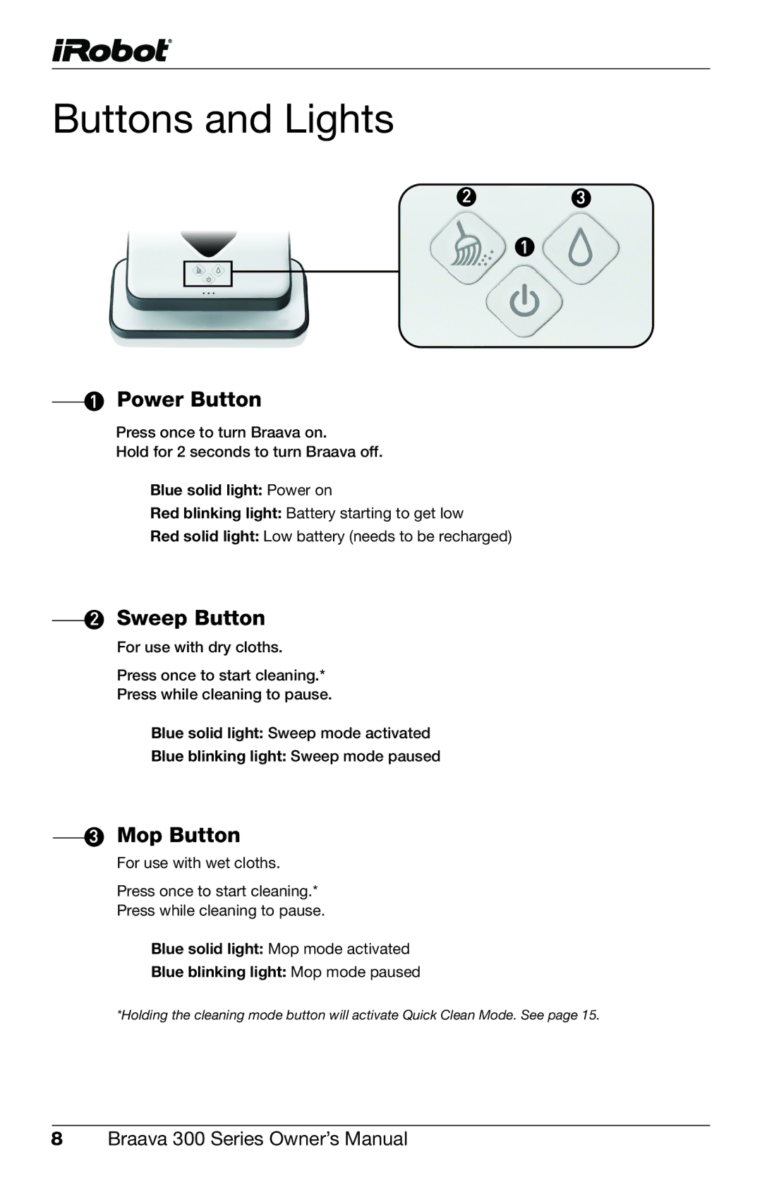 iRobot 320, 380t owner manual Buttons and Lights, Power Button, Sweep Button, Mop Button 