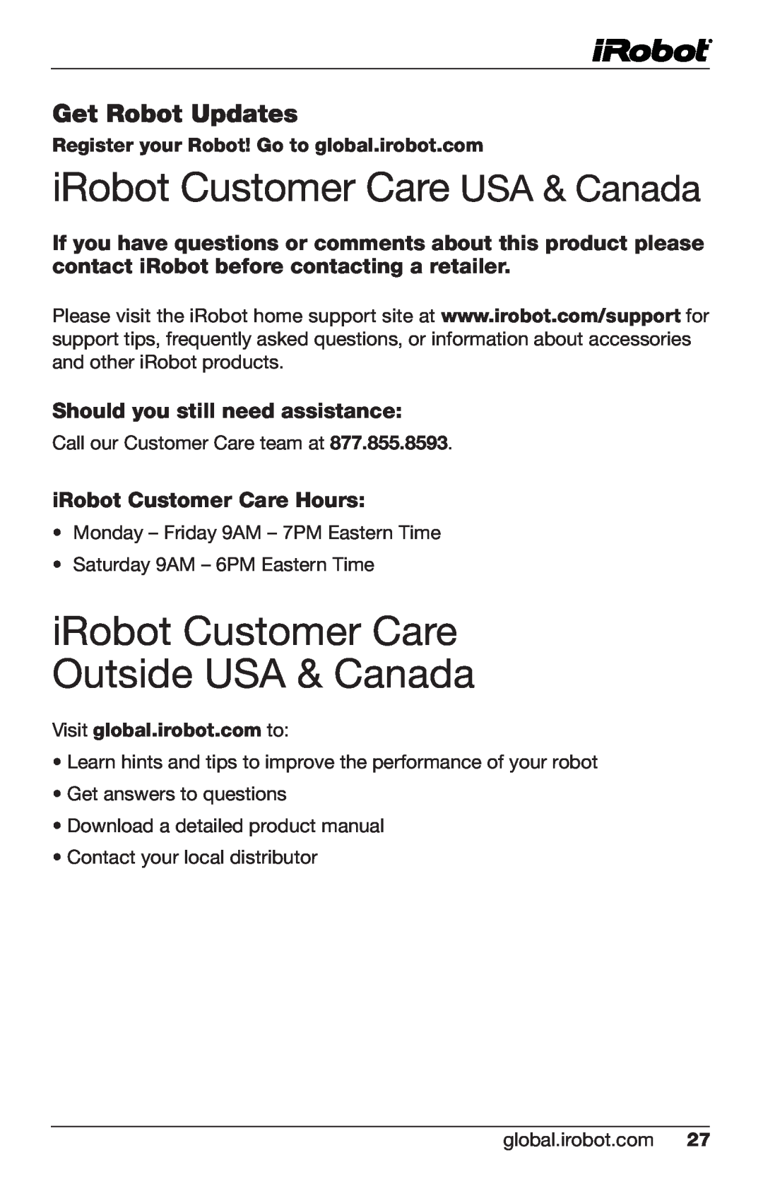 iRobot 380t, 320 iRobot Customer Care USA & Canada, iRobot Customer Care Outside USA & Canada, Get Robot Updates 