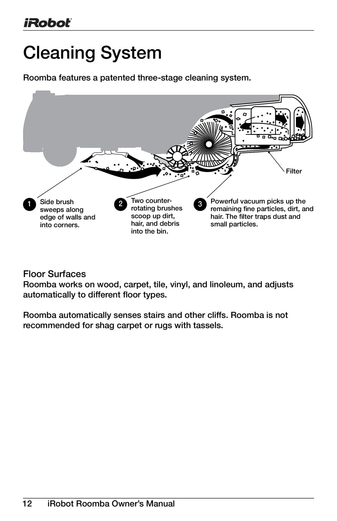 iRobot 400, 4150 owner manual Cleaning System, Floor Surfaces 