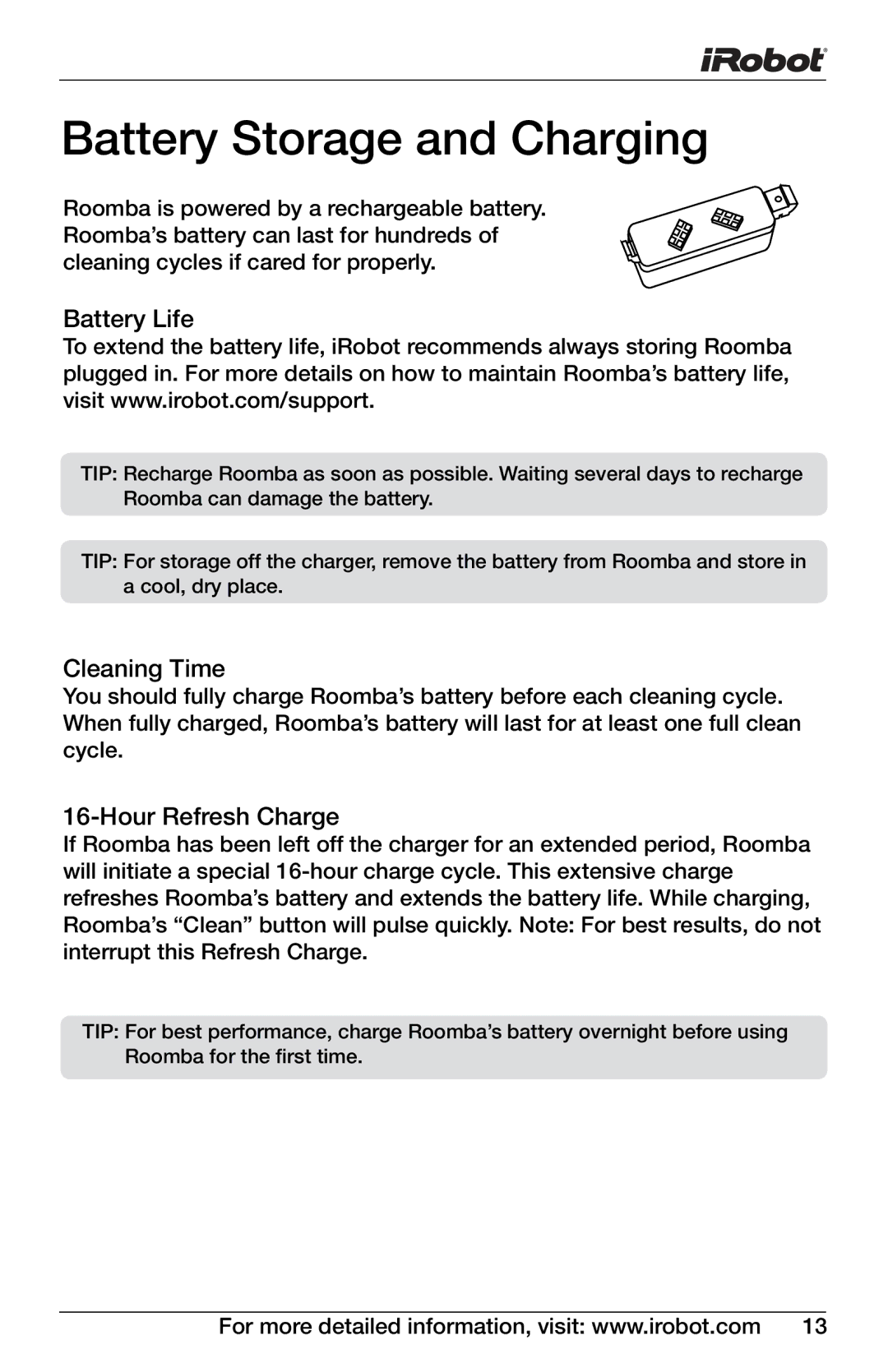 iRobot 4150, 400 owner manual Battery Storage and Charging, Cleaning Time, Hour Refresh Charge 