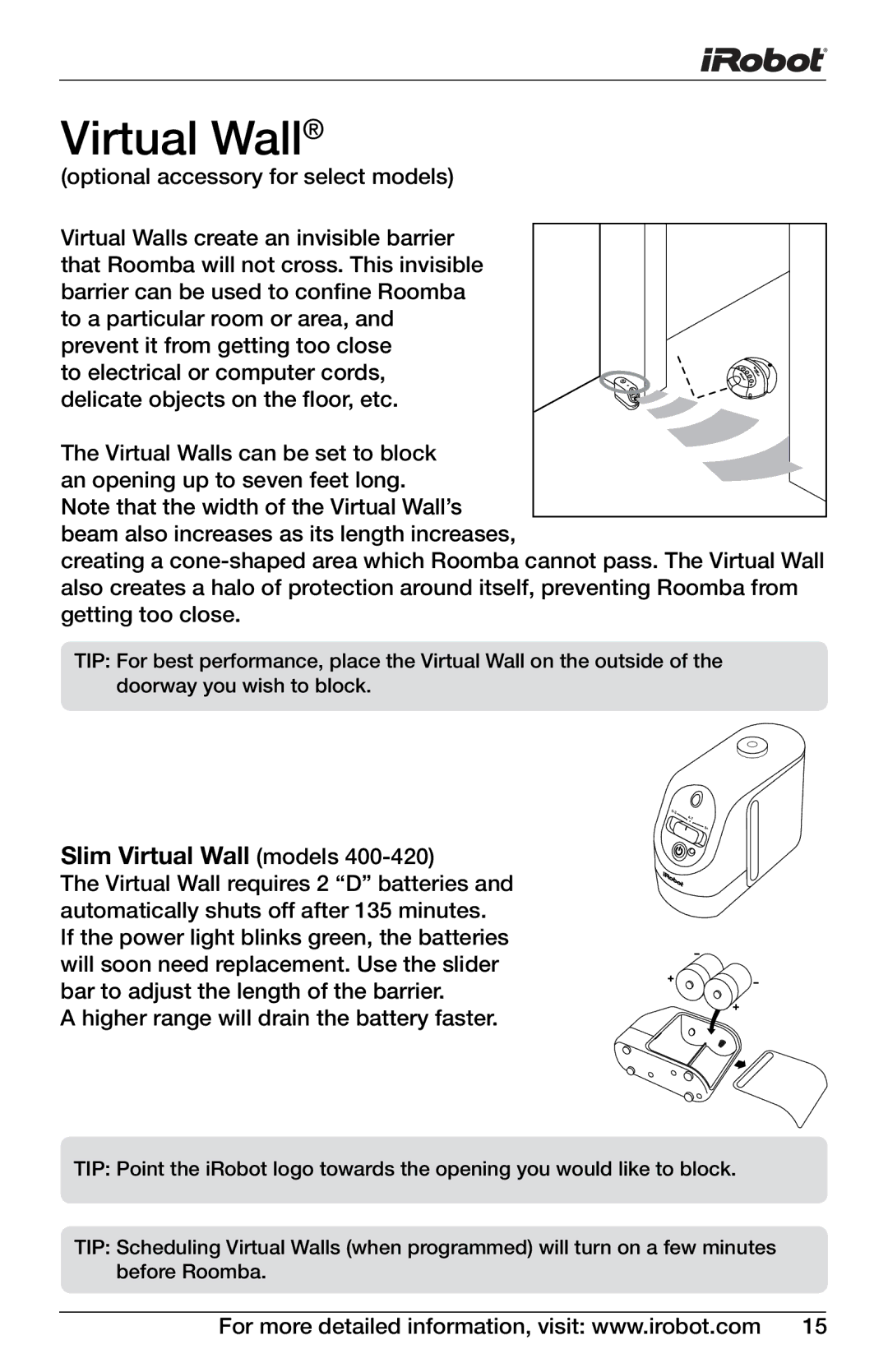 iRobot 4150, 400 owner manual Slim Virtual Wall models 