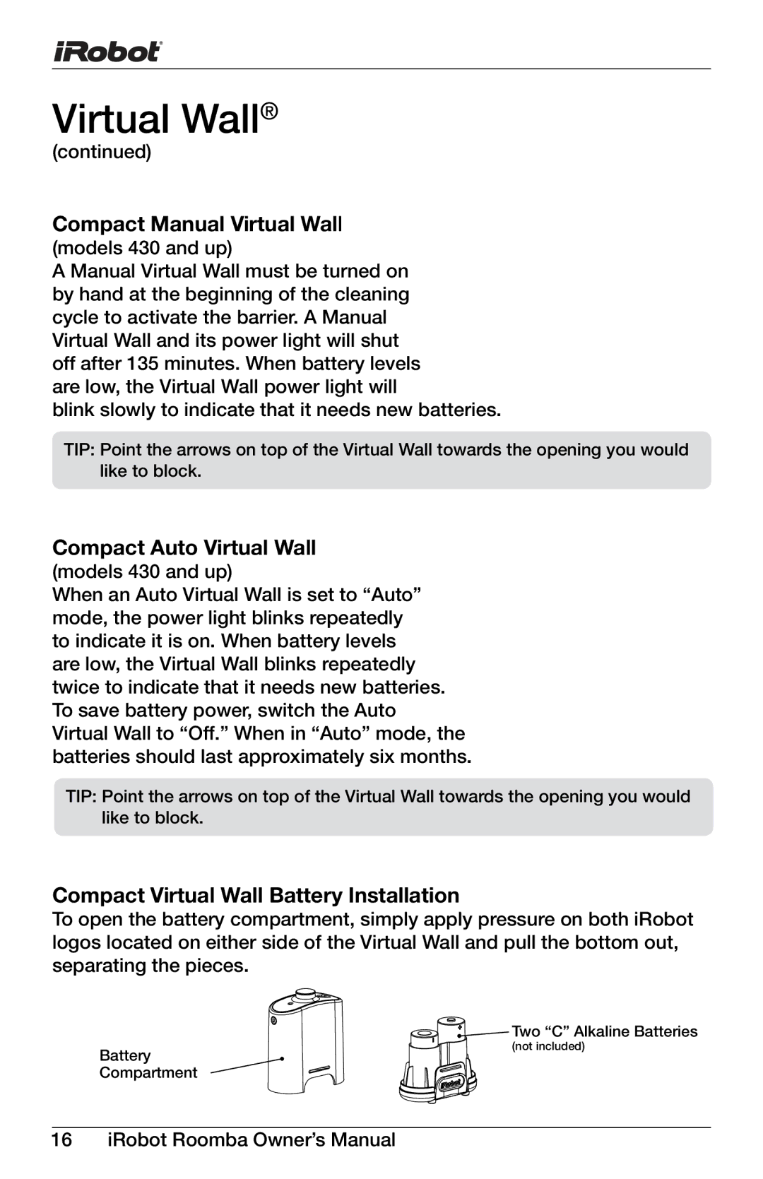 iRobot 400, 4150 Compact Manual Virtual Wall, Compact Auto Virtual Wall, Compact Virtual Wall Battery Installation 